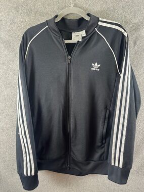 Adidas Men's Sz XL Black Track Jacket with White Stripes and Trefoil